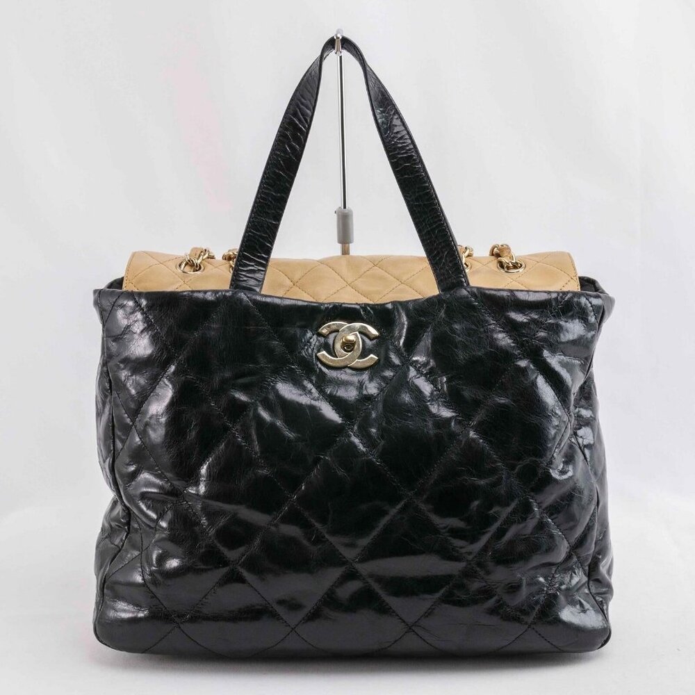 Authentic Chanel Black/Beige Quilted Glazed Leather Portobello Tote - Picture 6 of 15
